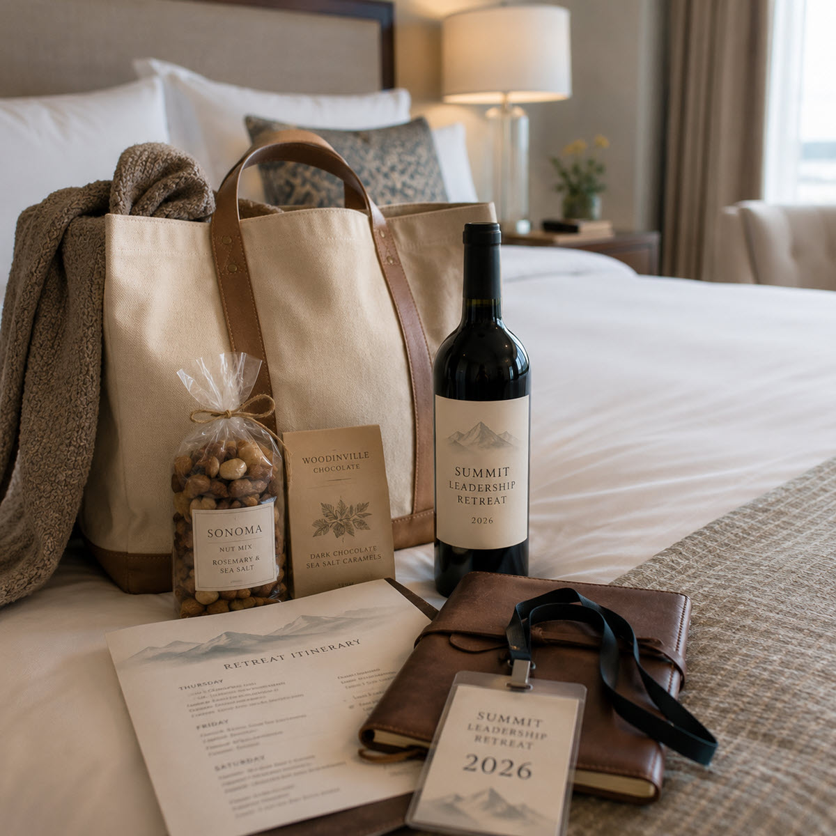 Leadership retreat wine and welcome gifts arranged in a hotel room