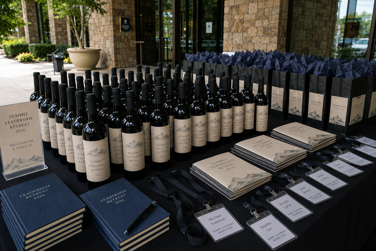 Custom-labeled wine bottles and gift bags prepared for a leadership retreat