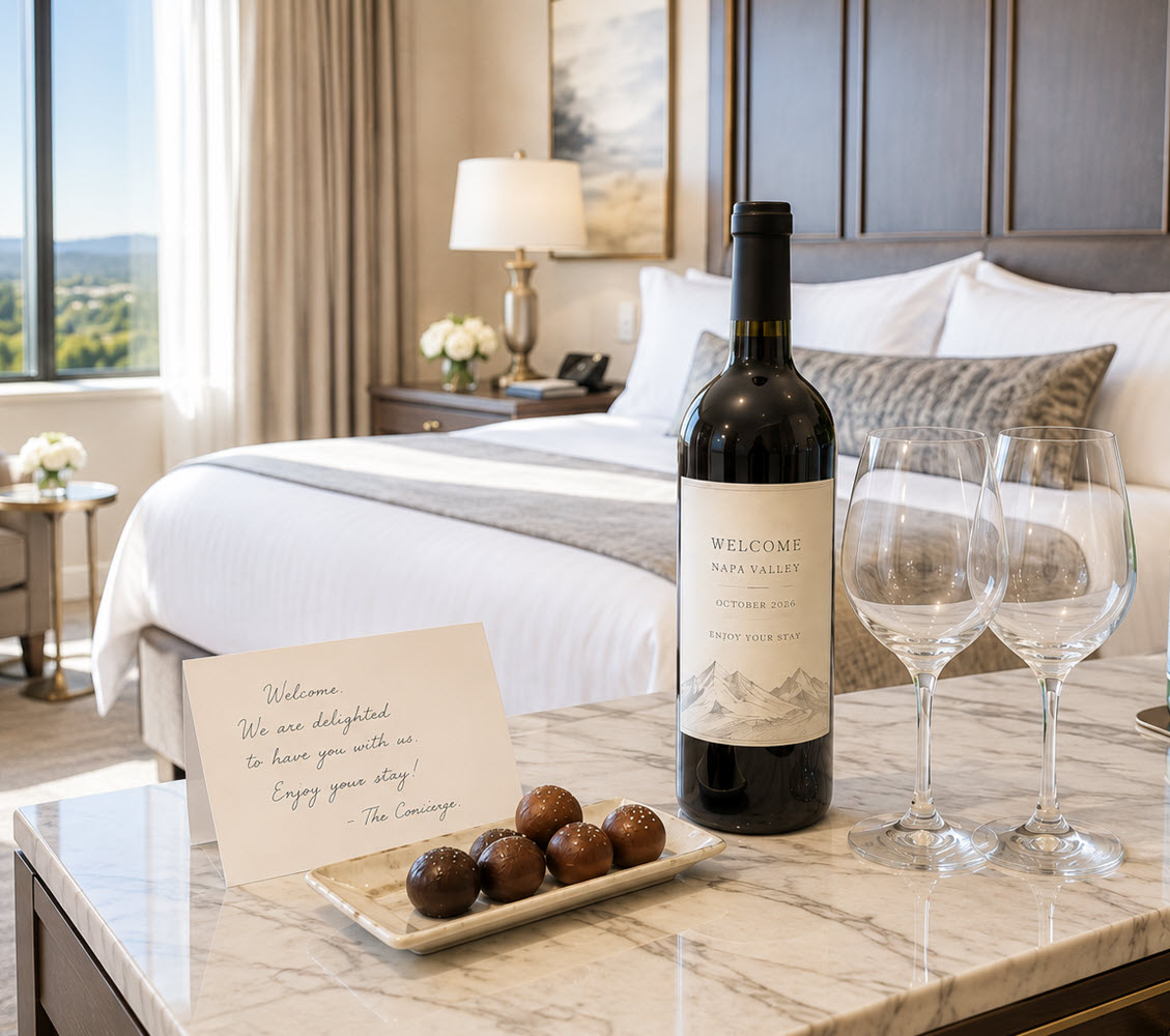 Custom-labeled wine welcome gift in a hotel room