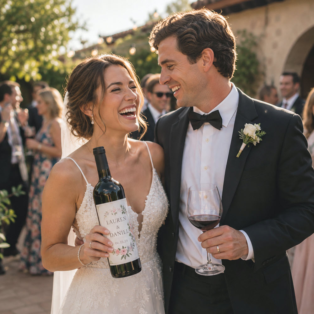 Bride and groom celebrating with a custom-labeled wine bottle